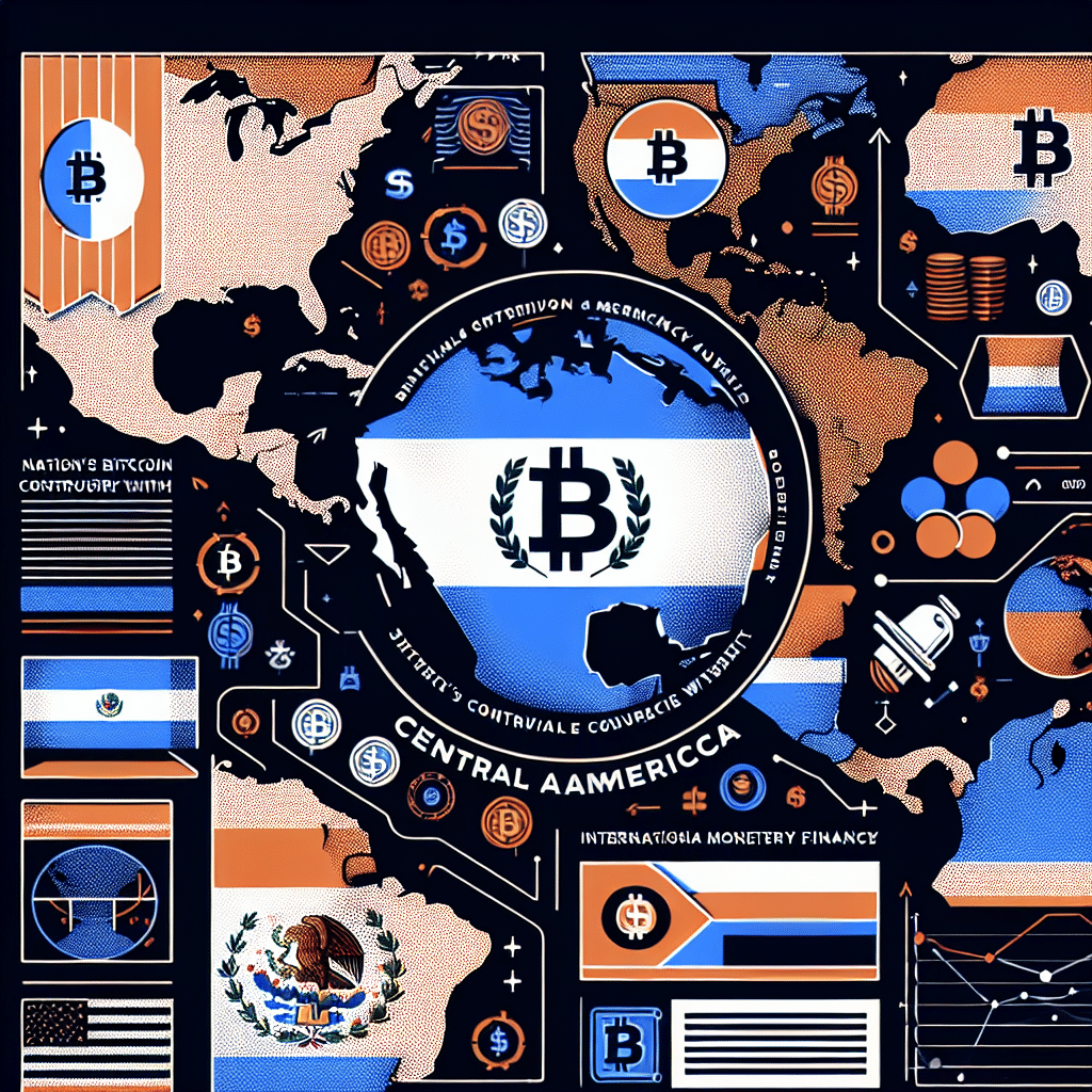 "1200x628 pixels infographic visualizing El Salvador's Bitcoin Controversy with IMF, featuring the Central American map overlaid by El Salvador's flag and related icons including Bitcoin, IMF reports and the Chivo Bitcoin Wallet in brand colors Orange (#FF9811), Dark Blue (#000D43) and Midnight Blue (#021B88)."