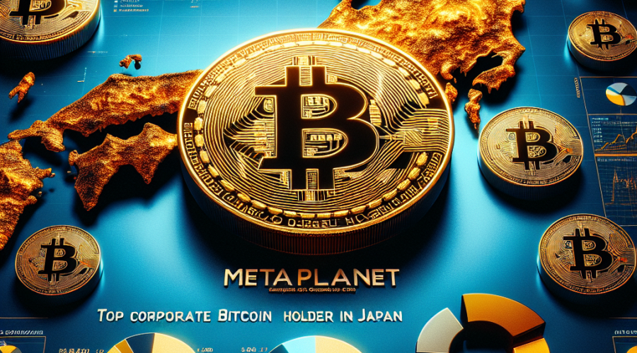 "3D pie chart representing MetaPlanet's leading proportion of Bitcoin holdings among top corporations in Japan, with gold Bitcoins in cluster and map of Japan subtly overlaid in dark and midnight blue, text 'MetaPlanet: Top Corporate Bitcoin Holder in Japan' depicted in white at the center of the image"