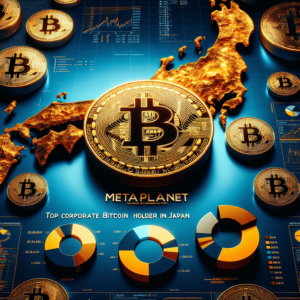 "3D pie chart representing MetaPlanet's leading proportion of Bitcoin holdings among top corporations in Japan, with gold Bitcoins in cluster and map of Japan subtly overlaid in dark and midnight blue, text 'MetaPlanet: Top Corporate Bitcoin Holder in Japan' depicted in white at the center of the image"