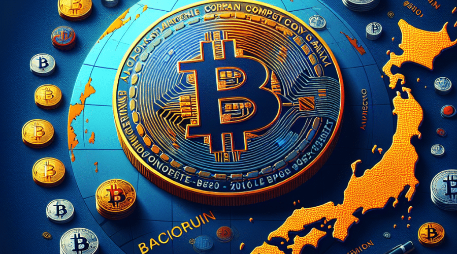 "Metaplanet logo and Bitcoin coin symbolizing the $1.7 billion purchase, making Metaplanet as one of the top 10 Corporate Bitcoin holders, over a map of Japan adorned with scattered Bitcoins, in an aesthetical blend of Brand Orange, Dark Blue, and Midnight Blue, all within a 1200 x 628-pixel image specification."