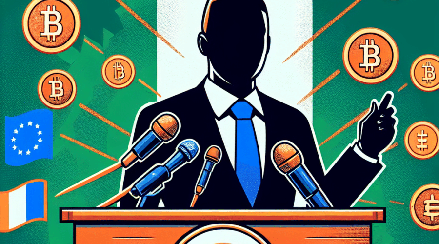 "Director-General Emomotimi Agama of Nigeria's SEC in silhouette, shaking hands with stablecoin company representatives, signifying supportive crypto-regulation for financial growth. Nigerian flag, cryptocurrency, and regulatory icons are present, interspersed with the brand colors - vibrant orange (#FF9811), dark blue (#000D43), and midnight blue (#021B88)."