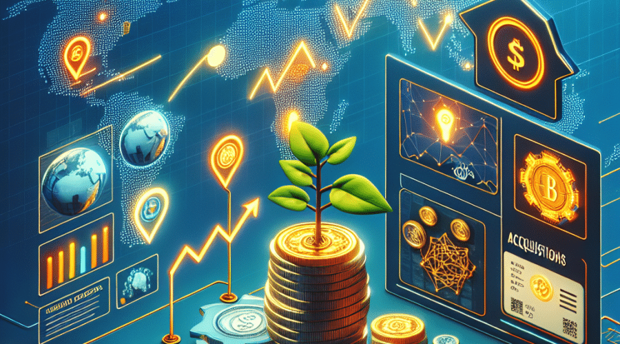 "An impactful graphic showcasing digital asset platform, OSL Group's triumph in securing $300 million funding, vividly represented through an expanding Asia map in the background in brand colors of Orange (#FF9811), Dark Blue (#000D43), and Midnight blue (#021B88). Symbols of acquisitions, global business initiatives, and working capital indicate growth areas. The image also incorporates an official license portraying their legal trade, alongside a stablecoin, emphasizing their services in the stablecoin sector."
