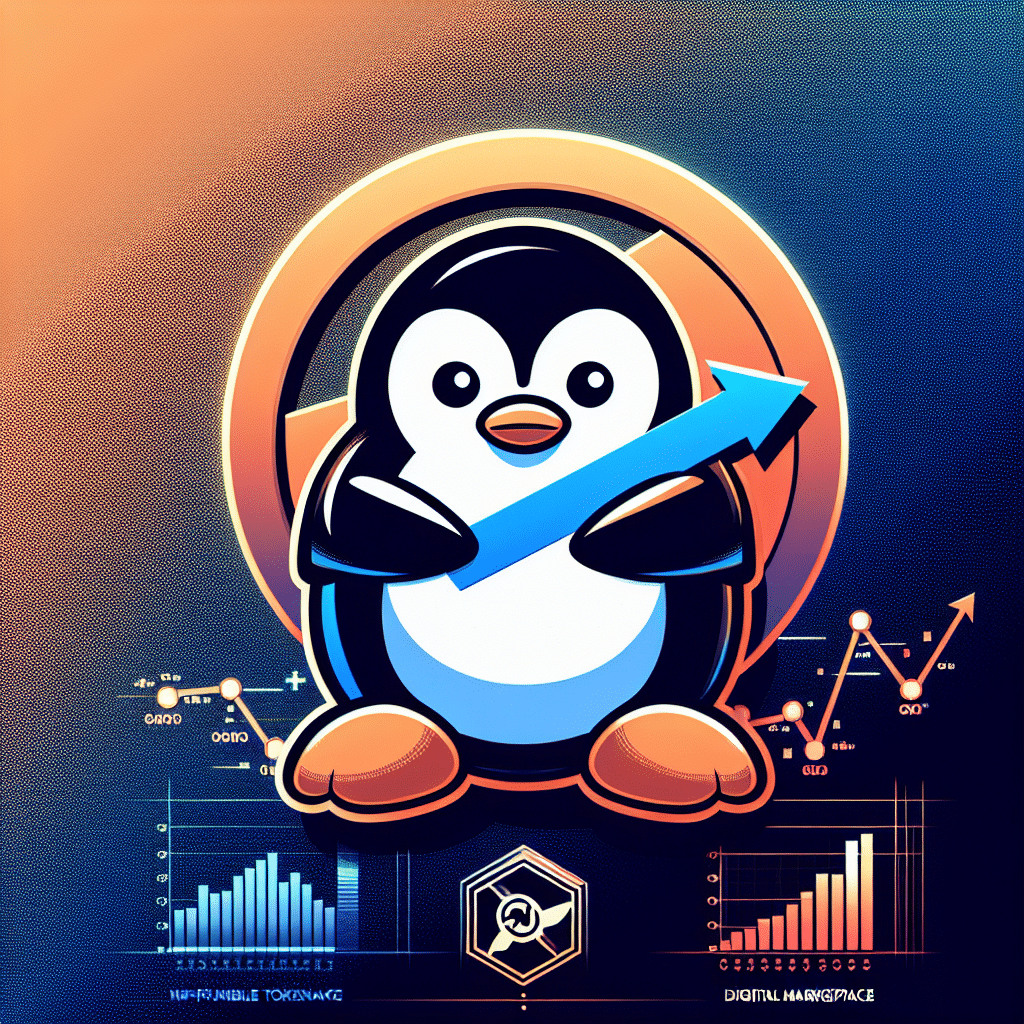 "Digital image featuring Pudgy Penguins and OpenSea logos bordered by lines signifying refusal of acquisition, on a gradient backdrop transitioning from Orange to Midnight Blue. Accompanied by smaller Lufthansa and NASCAR logos showcasing partnerships, and white bar graphs and numeric charts at the bottom representing the increasing NFT sales and PENGU token performance, with a prominent heading 'Pudgy Penguins Denies OpenSea Acquisition'".
