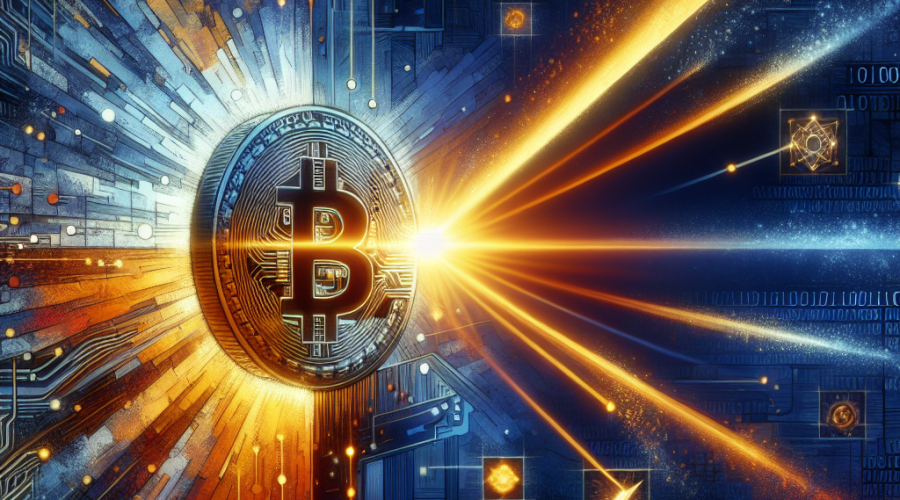 "Abstract image illustrating a physical Bitcoin being shattered by a potent quantum computing light beam against a dark blue and midnight blue backdrop showcasing subtle binary code and AI circuitry, signifying encrypted blockchain data with orange caution signs to emphasize increasing urgency in the face of quantum threat."