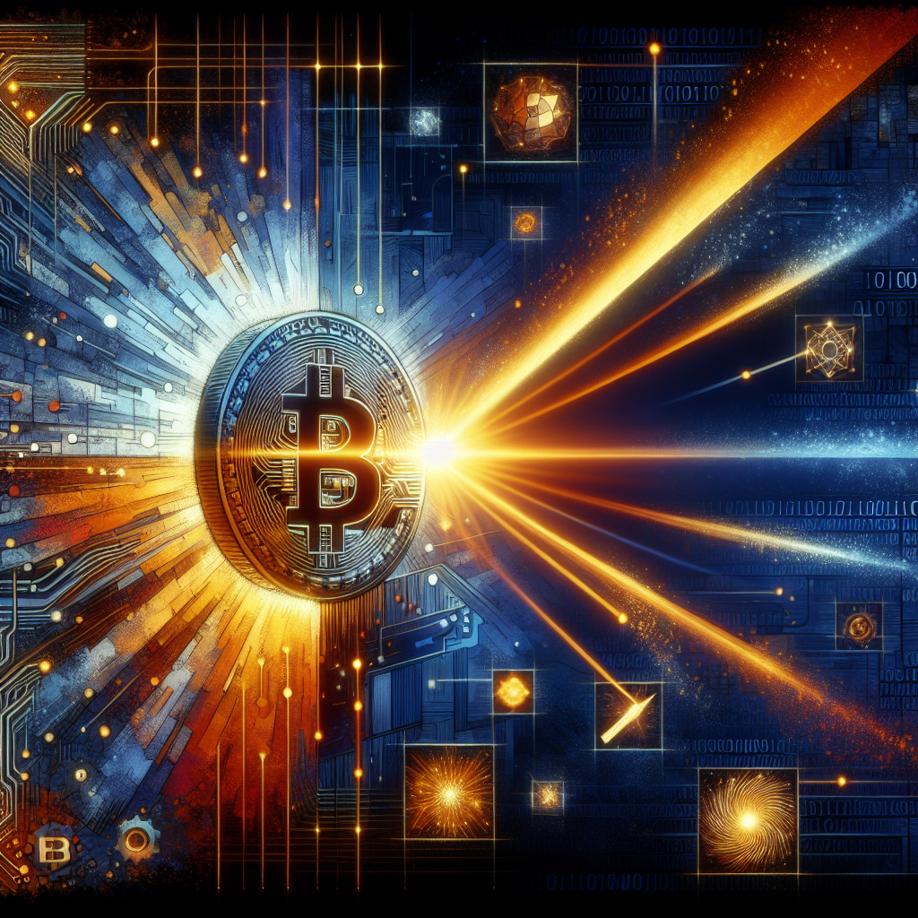 "Abstract image illustrating a physical Bitcoin being shattered by a potent quantum computing light beam against a dark blue and midnight blue backdrop showcasing subtle binary code and AI circuitry, signifying encrypted blockchain data with orange caution signs to emphasize increasing urgency in the face of quantum threat."