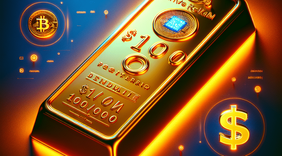 "Shiny gold Casascius Bitcoin bar worth 100 BTC with midnight blue hologram seal, 'Redeeming the  Million Bitcoin Bar' title in dark blue, 'A 2,000,000% Return on Investment' text, and a bold orange risk icon, all on a vibrant orange background"