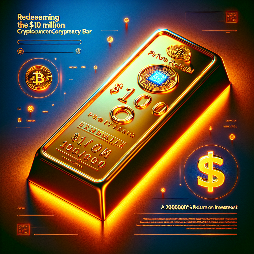 "Shiny gold Casascius Bitcoin bar worth 100 BTC with midnight blue hologram seal, 'Redeeming the  Million Bitcoin Bar' title in dark blue, 'A 2,000,000% Return on Investment' text, and a bold orange risk icon, all on a vibrant orange background"