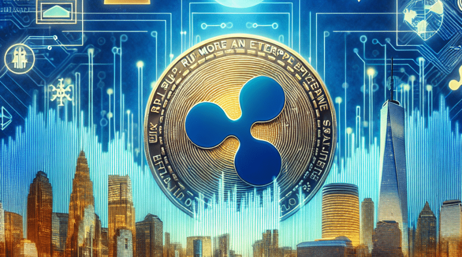 "Digital artwork featuring a vibrant Ripple coin against a tri-colored background of Orange, Dark Blue, and Midnight Blue. Corporate building and shopping bag icons symbolize Ripple's enterprise and retail uses. Ethereum and XRP Ledger signs compare platform usage, while an overlaid graph and digital elements depict growing market cap and RLUSD adoption. The headline 'Ripple's RLUSD: More than an Enterprise Stablecoin?' is prominently displayed. Image aligns with related article and measures 1200 x 628 pixels."