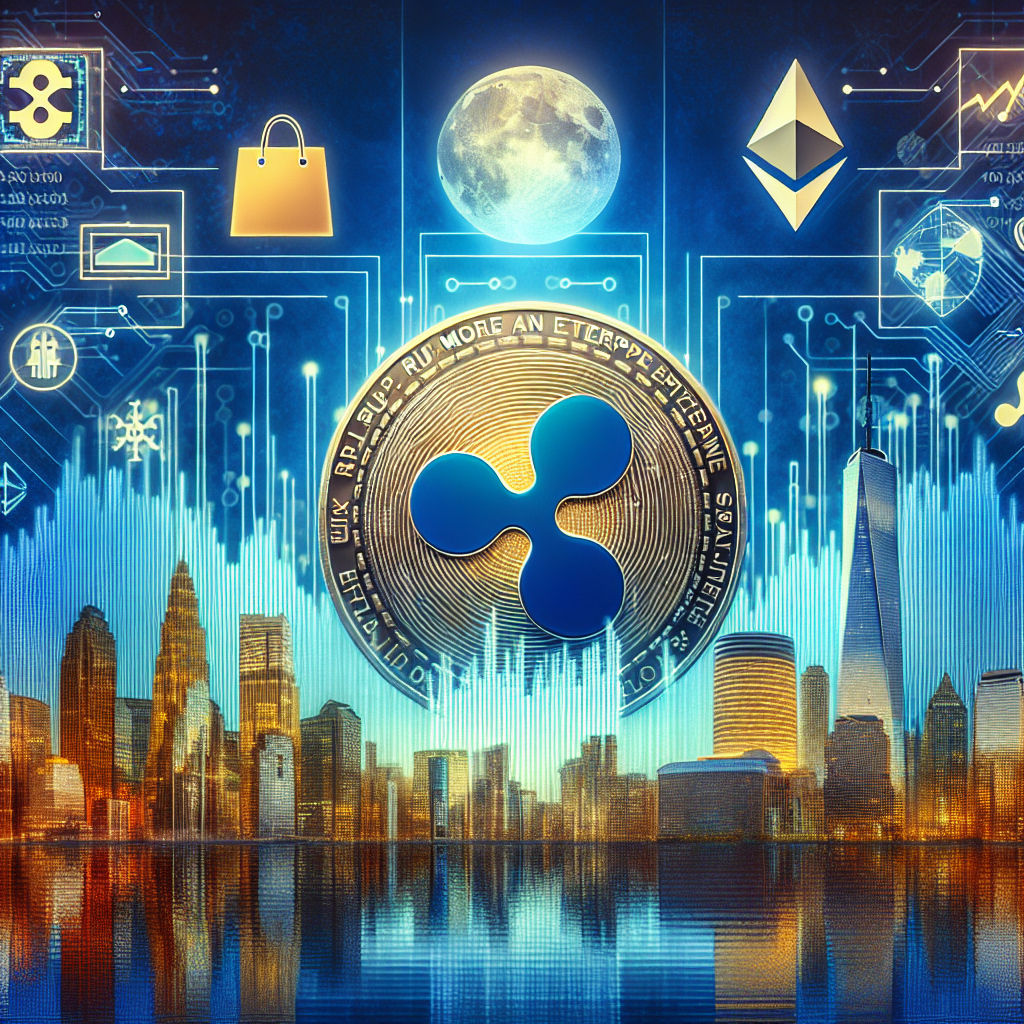 "Digital artwork featuring a vibrant Ripple coin against a tri-colored background of Orange, Dark Blue, and Midnight Blue. Corporate building and shopping bag icons symbolize Ripple's enterprise and retail uses. Ethereum and XRP Ledger signs compare platform usage, while an overlaid graph and digital elements depict growing market cap and RLUSD adoption. The headline 'Ripple's RLUSD: More than an Enterprise Stablecoin?' is prominently displayed. Image aligns with related article and measures 1200 x 628 pixels."