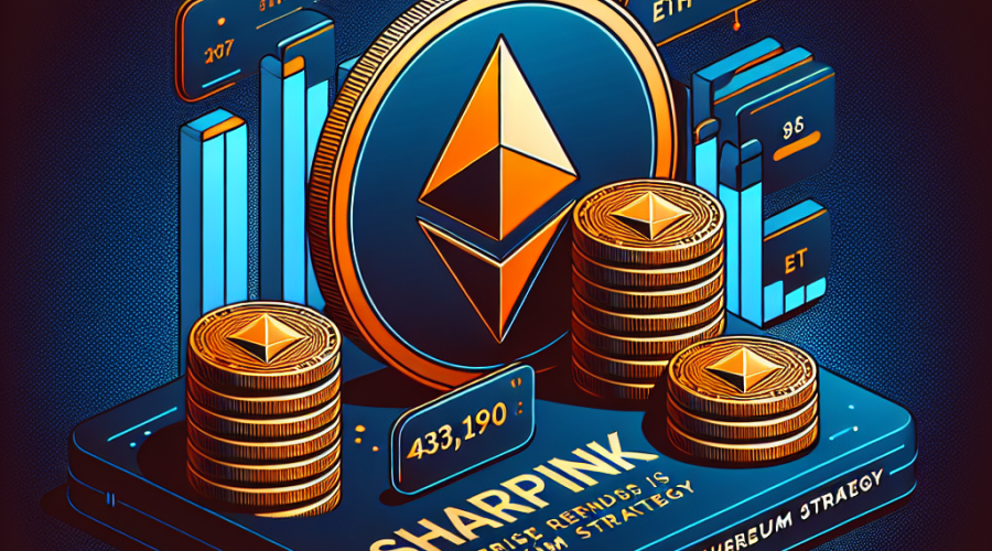 "SharpLink company logo on a dark blue background, accentuated by a large Ethereum coin partially buried in smaller Ethereum coins, symbolizing an increase in Ethereum reserves. The number '438,190 ETH' boldly highlighted in orange on the top right signifies the volume. The image tagline, stated as 'Firm doubles down on its Ethereum strategy', is deftly conveyed at the bottom in midnight blue, all created in a modern, sleek graphical design."