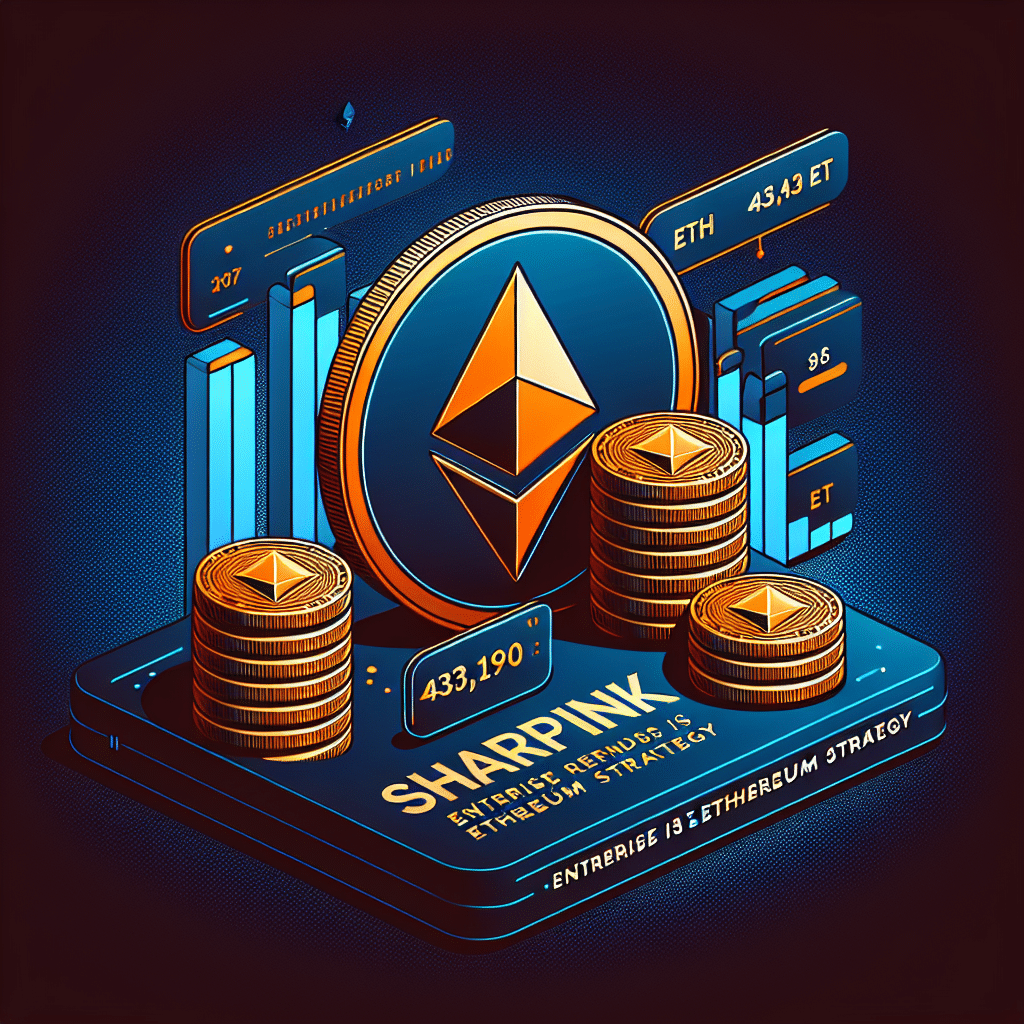 "SharpLink company logo on a dark blue background, accentuated by a large Ethereum coin partially buried in smaller Ethereum coins, symbolizing an increase in Ethereum reserves. The number '438,190 ETH' boldly highlighted in orange on the top right signifies the volume. The image tagline, stated as 'Firm doubles down on its Ethereum strategy', is deftly conveyed at the bottom in midnight blue, all created in a modern, sleek graphical design."