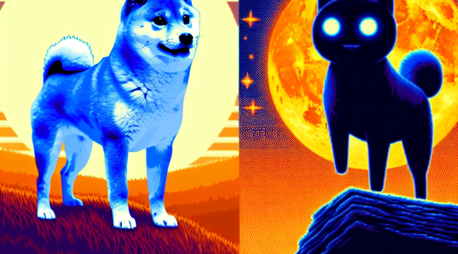 "Split-screen image featuring a Shiba Inu dog on a modestly sloping hill in a dark blue tone to the left, with a bold and cartoonish depiction of 'Little Pepe' in midnight blue blasting off towards a star-filled sky on the right, against an orange background. The image also contains a white bolded text 'Shiba Inu vs. Little Pepe: The Battle of Meme Coins' at the top and '1000x Potential' in midnight blue at the center over the 'Little Pepe' side. Perfect visual representation for the comparison of meme coin growth."