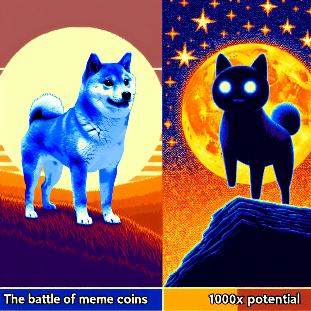 "Split-screen image featuring a Shiba Inu dog on a modestly sloping hill in a dark blue tone to the left, with a bold and cartoonish depiction of 'Little Pepe' in midnight blue blasting off towards a star-filled sky on the right, against an orange background. The image also contains a white bolded text 'Shiba Inu vs. Little Pepe: The Battle of Meme Coins' at the top and '1000x Potential' in midnight blue at the center over the 'Little Pepe' side. Perfect visual representation for the comparison of meme coin growth."