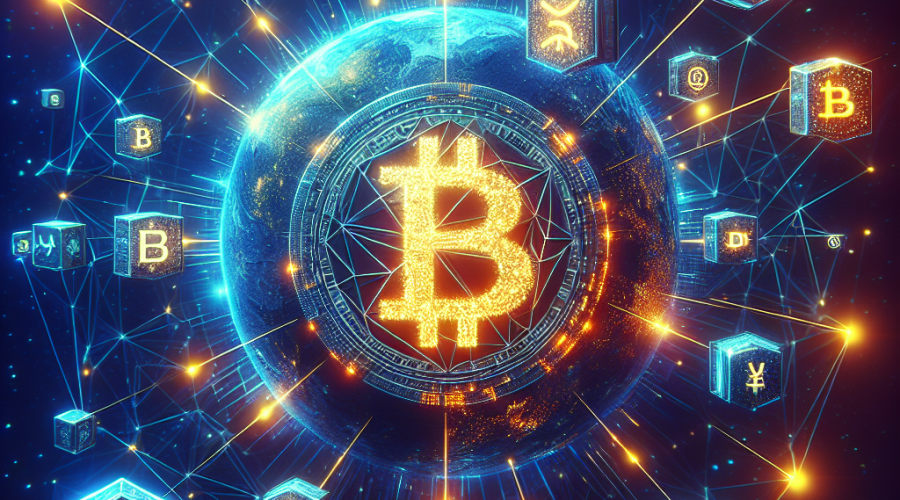 "Futuristic Digital World with 3D Solana Logo Surrounded by Bright Orange Beams, Depicting Solana Blockchain Technology, Amidst a Representation of Internet Capital Markets with Various Currencies and Tokens on a Dark Blue Background Embellished with Elements of Midnight Blue Symbolizing Global Connectivity and Decentralization"