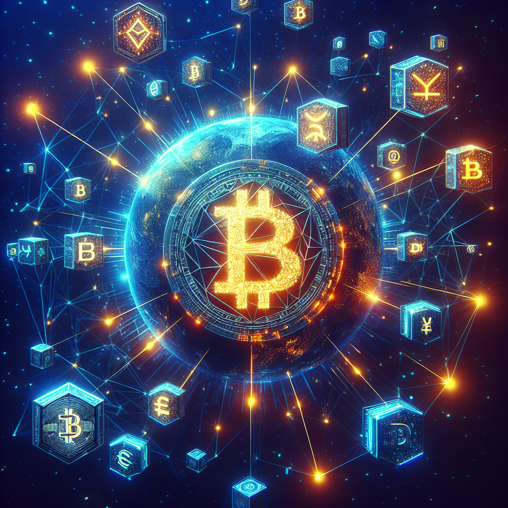 "Futuristic Digital World with 3D Solana Logo Surrounded by Bright Orange Beams, Depicting Solana Blockchain Technology, Amidst a Representation of Internet Capital Markets with Various Currencies and Tokens on a Dark Blue Background Embellished with Elements of Midnight Blue Symbolizing Global Connectivity and Decentralization"