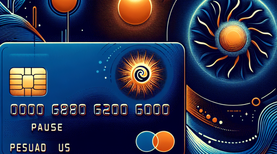 "Stylized SolCard with Solana logo flipping upwards on a midnight to dark blue gradient, with an orange 'pause' icon and subtle orange eye illustration hinting at privacy, and the sleek modern white text 'SolCard: The Pause on Privacy' in keeping with the wow-factor theme using brand colors Orange: #FF9811, Dark Blue: #000D43, and Midnight Blue: #021B88."