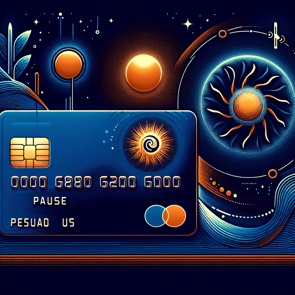 "Stylized SolCard with Solana logo flipping upwards on a midnight to dark blue gradient, with an orange 'pause' icon and subtle orange eye illustration hinting at privacy, and the sleek modern white text 'SolCard: The Pause on Privacy' in keeping with the wow-factor theme using brand colors Orange: #FF9811, Dark Blue: #000D43, and Midnight Blue: #021B88."