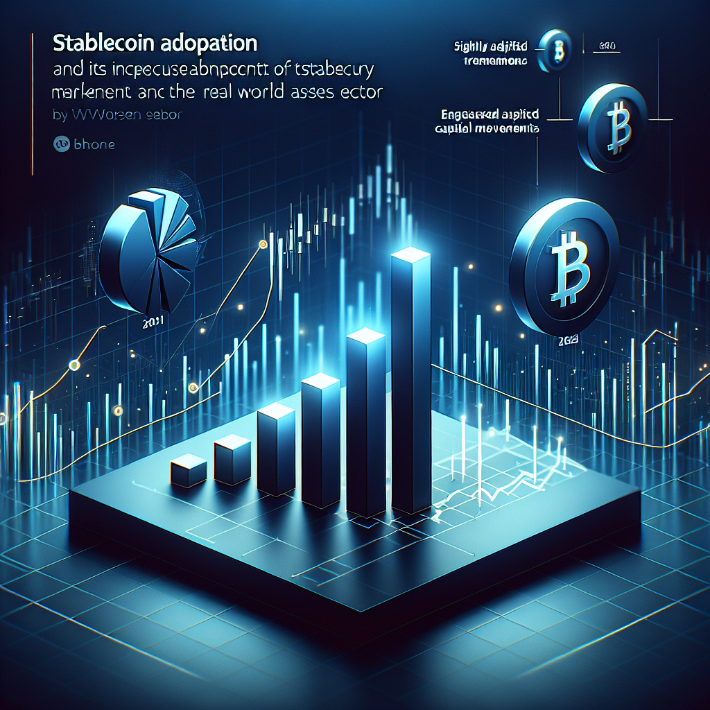 "Three-dimensional bar chart in brand's midnight blue showing significant growth of stablecoins from 2021 to 2024 with smaller dark blue and orange graphs indicating impact on U.S. Treasury and real-world asset sector, subtle symbols for U.S Treasury and logos of Circle and Stellar Network in the background, in a clean, professional WordPress blog post design - Headline 'Stablecoin Adoption and its Impact on the U.S. Treasury Market and the RWA Sector'".