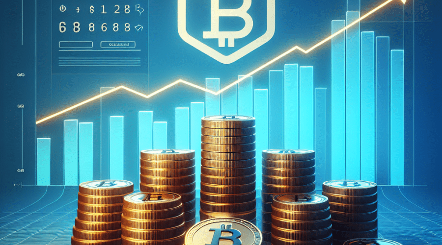 "Large heap of gleaming Bitcoin coins featuring Strategy Company logo, against a gradient background transitioning from Dark Blue to Orange, accompanied by a minimalist rising line-graph representing Bitcoin's increasing value, image dimension of 1200 x 628 pixels."