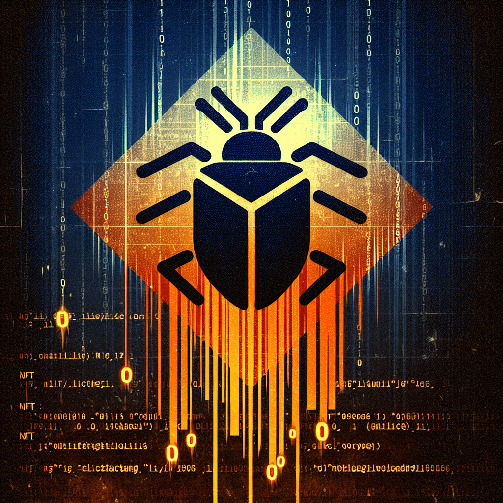 "Stylized coding bug signifying exploit on SuperRare's NFT trading platform against a dark digital backdrop, showing RARE tokens being stolen and a stressed text overlay of the severe 1,000 value threat, accented with orange, dark and midnight blue brand colors, amid subtly interwoven binary code."