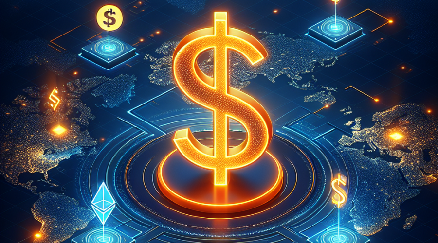 "Isometric illustration featuring a glowing, orange digital dollar symbol representative of USDt stablecoin towering above a global map with marked emerging markets. The map also illustrates the integration of three abstract blockchain networks – Tron, Ethereum, and BNB Chain, with a striking emphasis on Tron's radiance. The composition uses a midnight blue background and dark blue blockchain networks, highlighting the continuous growth and global acceptance of USDt stablecoin."
