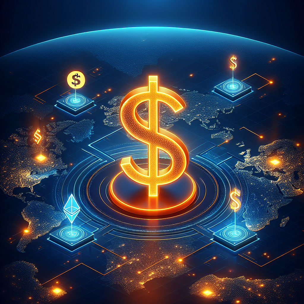 "Isometric illustration featuring a glowing, orange digital dollar symbol representative of USDt stablecoin towering above a global map with marked emerging markets. The map also illustrates the integration of three abstract blockchain networks – Tron, Ethereum, and BNB Chain, with a striking emphasis on Tron's radiance. The composition uses a midnight blue background and dark blue blockchain networks, highlighting the continuous growth and global acceptance of USDt stablecoin."