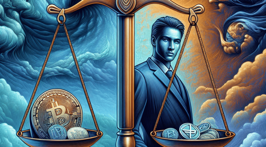 "SEO alt-text: An illustration of the ongoing legal strife of Roman Storm in the Tornado Cash controversy, depicted through a weighted scale bearing cryptocurrency symbols and his portrait against a stormy backdrop. Dominant colors are shades of orange (#FF9811) and blues (#000D43 & #021B88) reflecting the intensity of the issue."