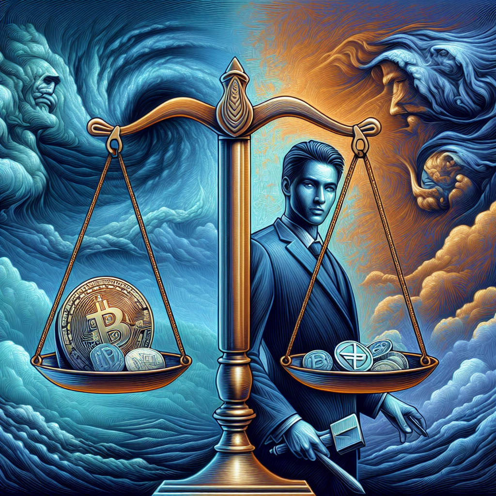 "SEO alt-text: An illustration of the ongoing legal strife of Roman Storm in the Tornado Cash controversy, depicted through a weighted scale bearing cryptocurrency symbols and his portrait against a stormy backdrop. Dominant colors are shades of orange (#FF9811) and blues (#000D43 & #021B88) reflecting the intensity of the issue."