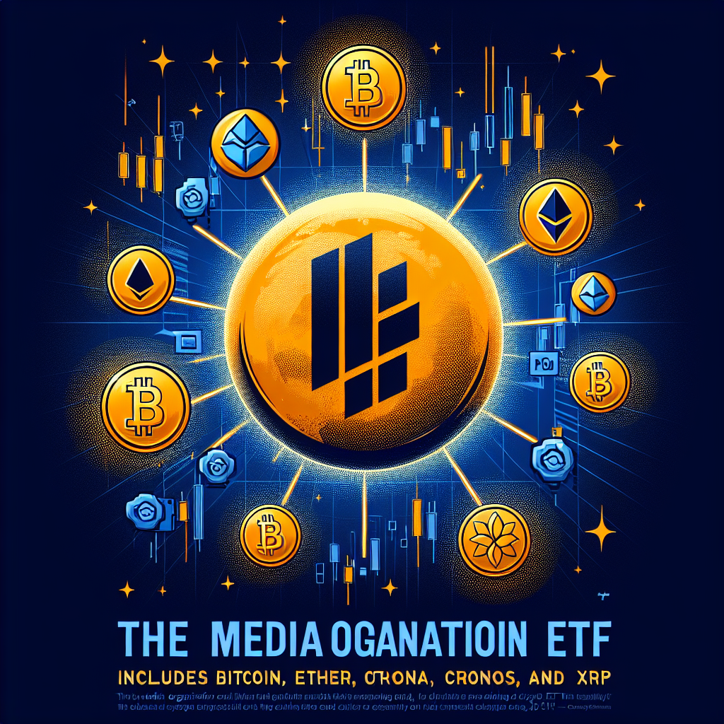 "Trump Media logo surrounded by bright Bitcoin, Ether, Solana, Cronos, and XRP tokens against a dark blue digital stock exchange backdrop, symbolizing the new Crypto ETF trading on the NYSE platform, with bold midnight blue overlay text highlighting 'Trump Media's New Crypto ETF' and smaller text listing the included cryptocurrencies at the bottom."