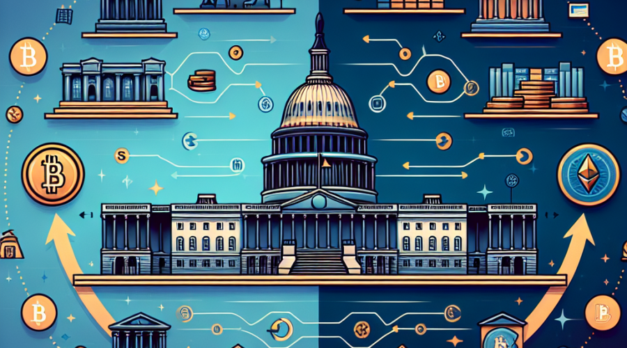 "Miniature illustration of the U.S. House of Representatives and an assortment of cryptocurrency icons, Bitcoin and Ethereum, on a split Midnight Blue and Dark Blue background. Central diagram depicts a stablecoin transition according to the GENIUS Act under Trump's administration. The title 'Cryptocurrency Policy Transformation Under President Trump's Administration' overlays in bold, Orange font, emphasizing the key topic of cryptocurrency bill passing."