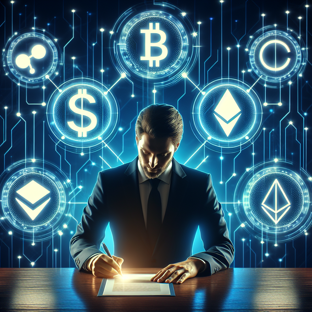 "President Donald Trump signing the GENIUS act for cryptocurrency policy surrounded by floating digital symbols of stablecoins on a striking midnight blue background with orange and dark blue accents. Lower bar emphasizes 'Crypto Industry', 'Stablecoins', and 'Financial Revolution'."