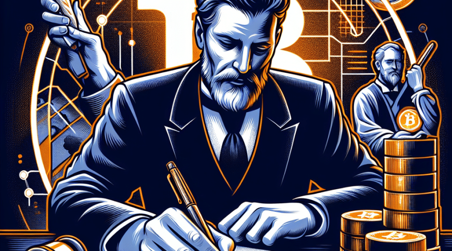 "President Donald Trump signing the GENIUS Act into law, holding a pen with the document on table and cryptocurrency symbols subtly displayed in the background. Dark and midnight blue colour palette contrasted with striking orange elements."