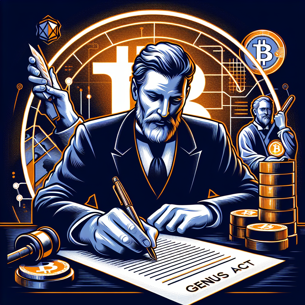 "President Donald Trump signing the GENIUS Act into law, holding a pen with the document on table and cryptocurrency symbols subtly displayed in the background. Dark and midnight blue colour palette contrasted with striking orange elements."