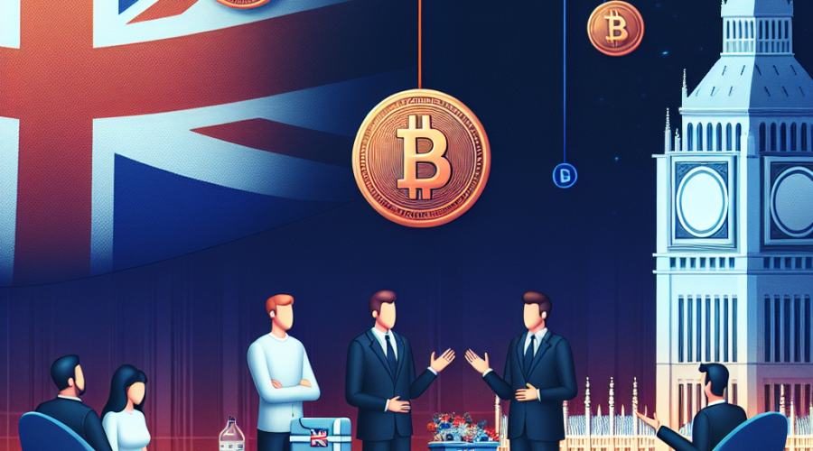 "British politicians engaging in an intense debate over cryptocurrency campaign donations, represented by symbolic images such as the UK flag, digital crypto coins, and a parliamentary building, showcased in vibrant brand colours of Orange, Dark Blue, and Midnight Blue."
