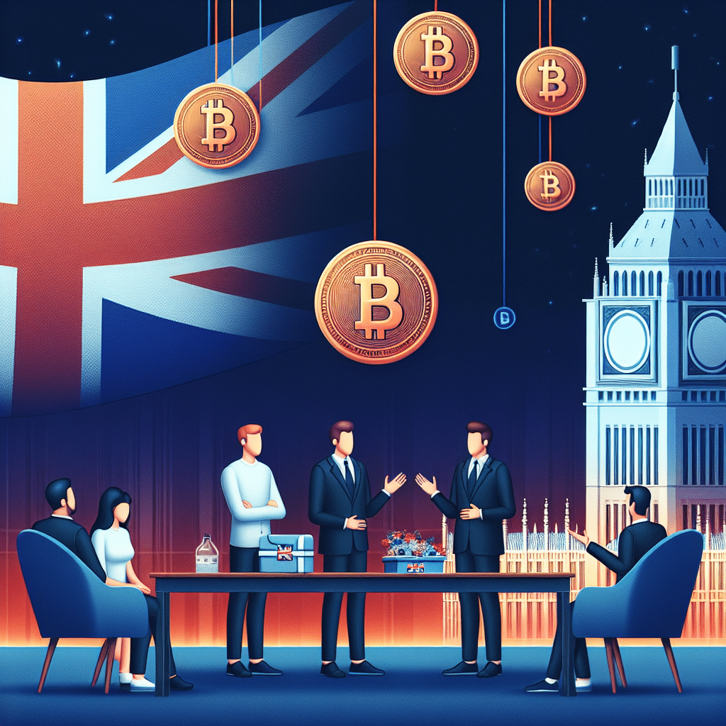 "British politicians engaging in an intense debate over cryptocurrency campaign donations, represented by symbolic images such as the UK flag, digital crypto coins, and a parliamentary building, showcased in vibrant brand colours of Orange, Dark Blue, and Midnight Blue."