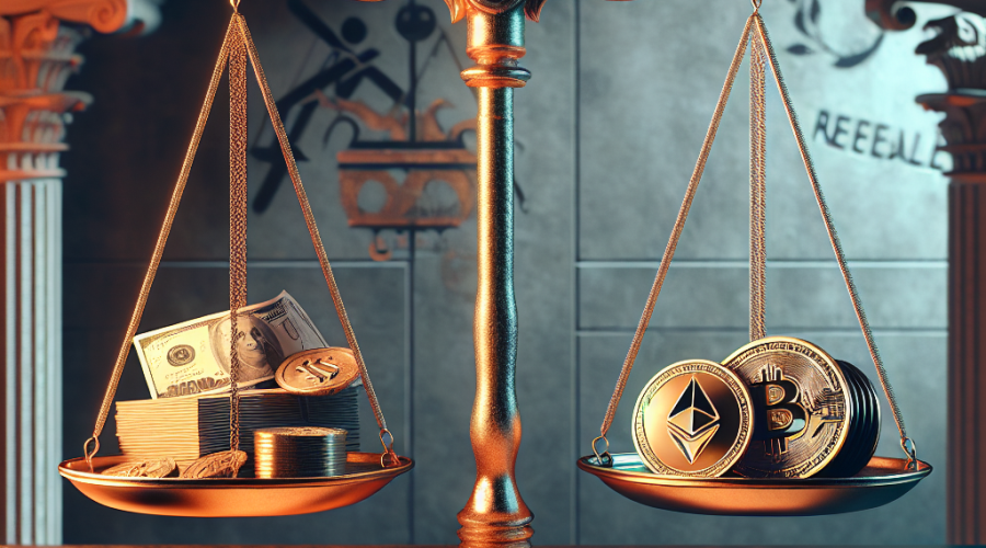 "Golden Scales with Traditional Financial Elements and Crypto Symbols on Wooden Table, Background Featuring Faded US Treasury and IRS Logos Symbolizing Crypto Tax Rule Repeal, and Foreground Featuring Dark Blue Parchment with Crypto Tax Rule Repealed Text - Under Orange Hue for Brand Alignment"