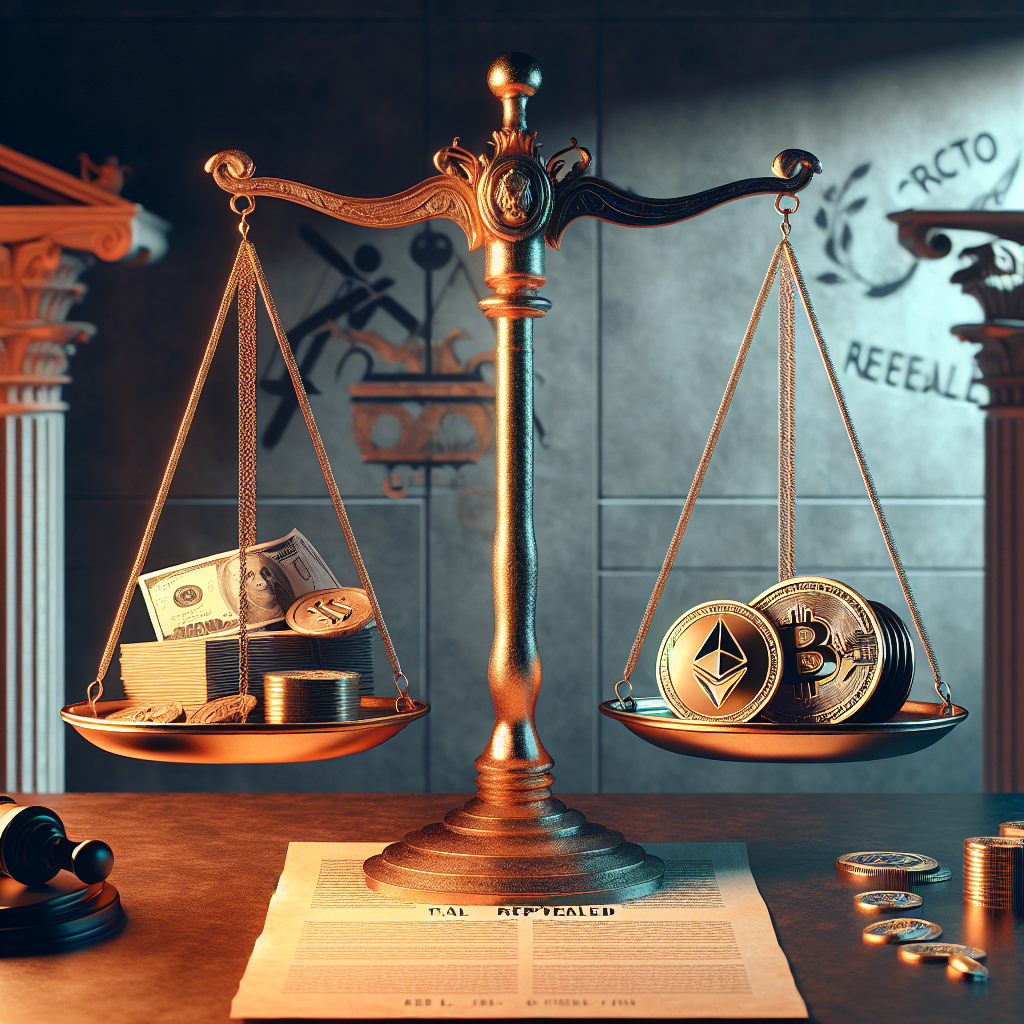 "Golden Scales with Traditional Financial Elements and Crypto Symbols on Wooden Table, Background Featuring Faded US Treasury and IRS Logos Symbolizing Crypto Tax Rule Repeal, and Foreground Featuring Dark Blue Parchment with Crypto Tax Rule Repealed Text - Under Orange Hue for Brand Alignment"