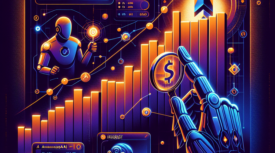 "An vibrant orange rising graph symbolizing the strong performance of small-cap AI agent tokens, SwarmNodeai, Heurist, and Griffain against a dark blue digital abstract backdrop representing the crypto and AI landscape. Trading screens are seen indicating percentage ups for the aforementioned tokens and percentage fall for AI16Z, GOAT, and VIRTUAL. A midnight blue AI bot holding a magnifying glass focuses on the graph, and the powerful tagline 'AI Agent Tokens: The Underdogs of Crypto' appears in a modern white, bold font. Stylized and sleek design elements complement the digital nature of the industry in the image sized 1200 x 628 pixels."