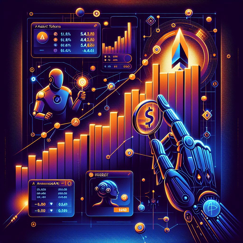 "An vibrant orange rising graph symbolizing the strong performance of small-cap AI agent tokens, SwarmNodeai, Heurist, and Griffain against a dark blue digital abstract backdrop representing the crypto and AI landscape. Trading screens are seen indicating percentage ups for the aforementioned tokens and percentage fall for AI16Z, GOAT, and VIRTUAL. A midnight blue AI bot holding a magnifying glass focuses on the graph, and the powerful tagline 'AI Agent Tokens: The Underdogs of Crypto' appears in a modern white, bold font. Stylized and sleek design elements complement the digital nature of the industry in the image sized 1200 x 628 pixels."