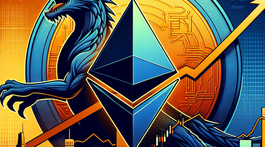 "ETHZilla logo combined with an enlarged Ethereum coin signifying corporate expansion, on a split background of vibrant orange and midnight blue. Ethereum symbol prominently displayed on orange section, while images of stock graph and percentage increase are overlaid on the dark segment attributing to the company's growth. Image size 1200 x 628px, symbolic of cryptocurrency growth and financial success."