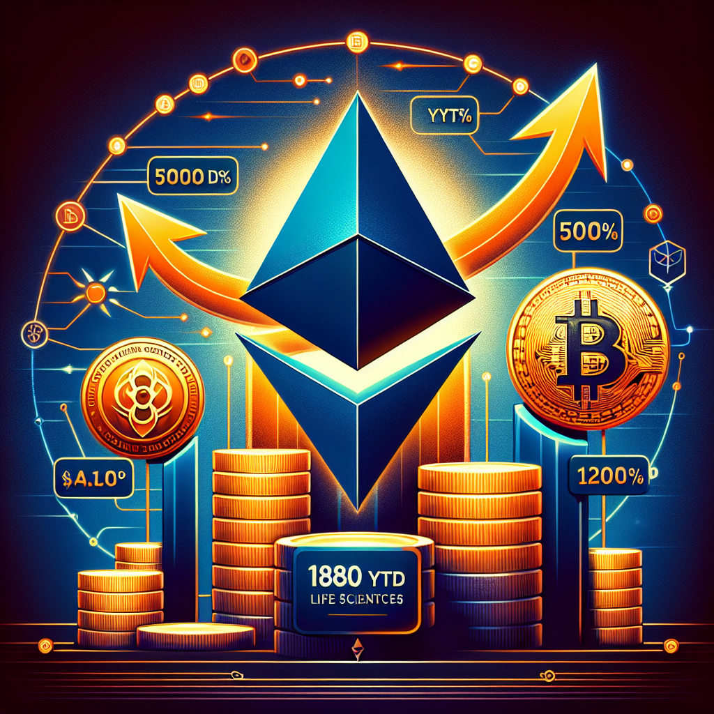 "SEO Alt-Text: Biotechnology company logo transformation from '180 Life Sciences' to 'ETHZilla'; Ethereum symbol and rising stock graphic depicting a 500% annual increase in the foreground; Bitcoin symbol subtly placed in the background. Bold palette of Dark Blue, Orange, and Midnight Blue adding striking contrast. Small text at the bottom acknowledges the Trump administration's role in fostering a crypto-friendly regulatory environment. All elements are strategically balanced for a 1200 x 628 pixel frame designed for a WordPress blog post."