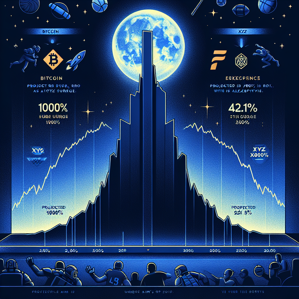 "Striking digital graphic visualizing Bitcoin, XYZ, and XRP performance with XYZ's potential 1000x surge and XRP's 42.11% increase against a dark blue backdrop. Subtle sports symbols (football, MMA, basketball, e-sports) integrate with memecoin hype, symbolizing the unique focus of XYZVerse. Brand orange highlights include highest point of XYZ's graph and sports symbols. Key numbers 'XYZ', 'XRP', '1000x', '42.11%' are accentuated. Banner headline at top reads 'XYZ vs. XRP: Projected 900% ROI as altcoin season rises post Bitcoin rally'. Sized 1200x628 pixels."