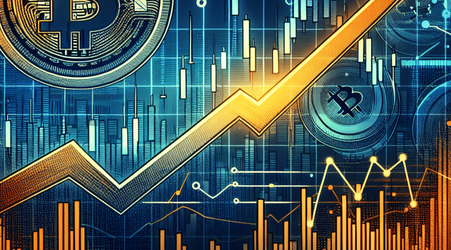 "Rising graph line on digital trading platform with prominent orange and dark blue hues, indicating a positive shift in market sentiment for Bitcoin ETFs; features Bitcoin symbol and ETF representation on a midnight blue contrasting background, suggesting a rebound and surge in inflows."