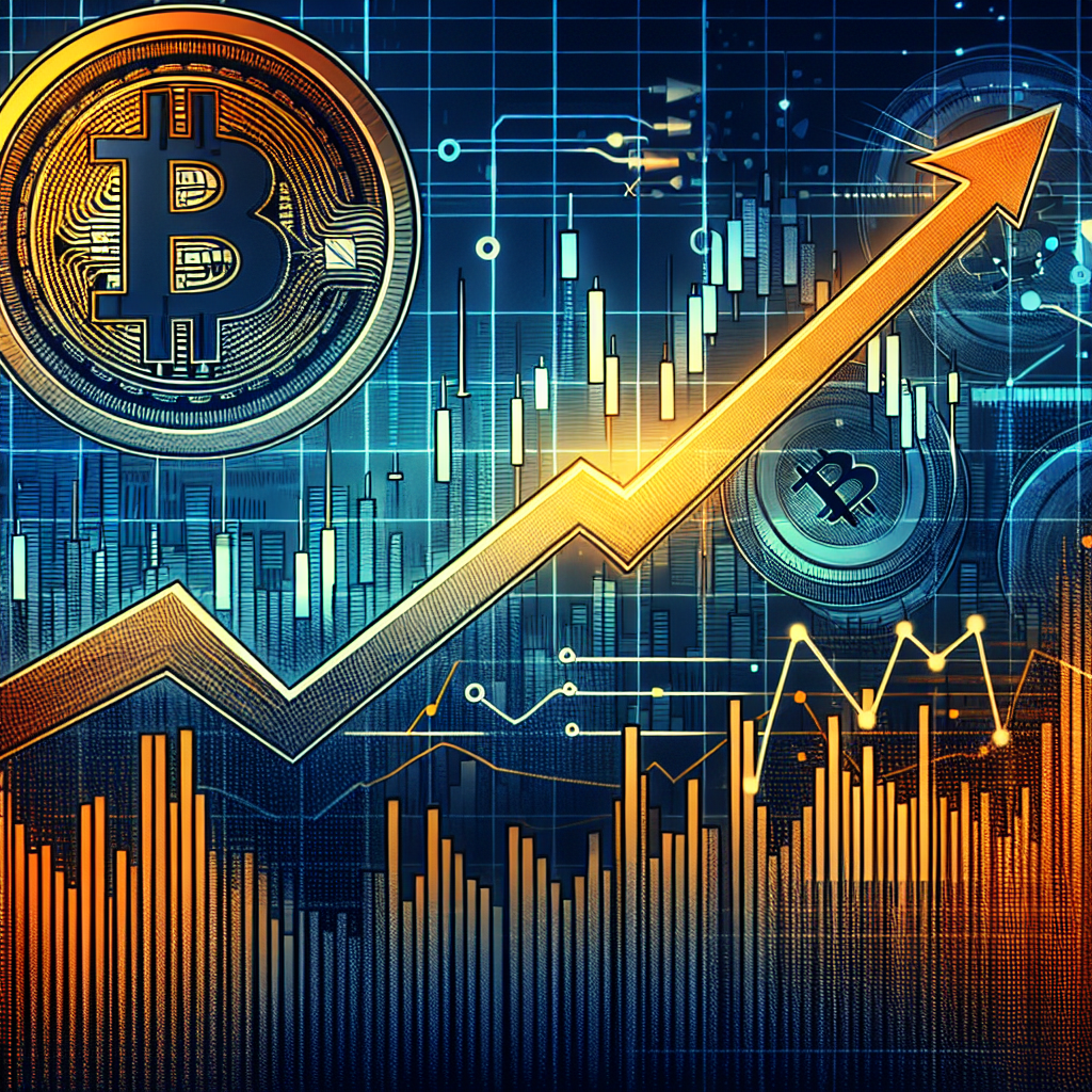 "Rising graph line on digital trading platform with prominent orange and dark blue hues, indicating a positive shift in market sentiment for Bitcoin ETFs; features Bitcoin symbol and ETF representation on a midnight blue contrasting background, suggesting a rebound and surge in inflows."