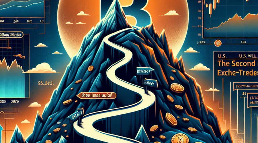 "SEO Alt-text: Bitcoin bulls facing a tough journey towards a 0,000 target, symbolized by a steep mountain with an ensign of Bitcoin logo. The background demonstrates varying shades of Orange, Dark Blue, and Midnight Blue. Additional infographic elements showing the outflow of 2 million related to U.S.-listed ETFs, layered with nuanced text on vital stats from the article such as the 'second largest outflow', and the ever-changing current Bitcoin price. The image, properly optimized at 1200 x 628 pixels, is suitable for a blog post about cryptocurrency investing trends."