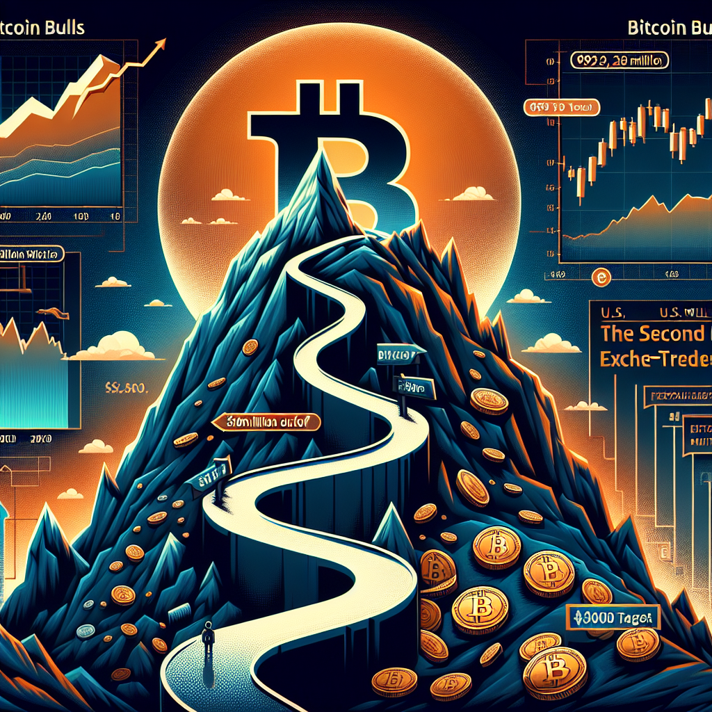 "SEO Alt-text: Bitcoin bulls facing a tough journey towards a 0,000 target, symbolized by a steep mountain with an ensign of Bitcoin logo. The background demonstrates varying shades of Orange, Dark Blue, and Midnight Blue. Additional infographic elements showing the outflow of 2 million related to U.S.-listed ETFs, layered with nuanced text on vital stats from the article such as the 'second largest outflow', and the ever-changing current Bitcoin price. The image, properly optimized at 1200 x 628 pixels, is suitable for a blog post about cryptocurrency investing trends."