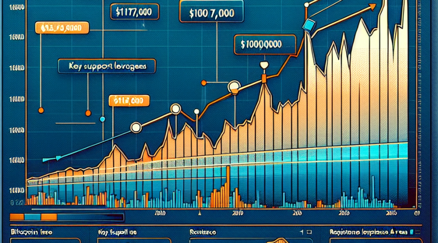 "SEO alt-text: Dramatic Bitcoin graph showing value fluctuations with highlighted benchmarks of 7,000, 0,000, 7,000, and 3,000, under the lit in dark blue heading 'Bitcoin's Unpredictable Journey'. Insights like 'Bull Trap Emerges', 'Key Support Levels', and 'Resistance Areas' presented in brand colors, dark blue, orange, and midnight blue respectively. Reference to influence of Federal Reserve shown via small logos of Bitcoin and Fed Chair Powell in the bottom right corner. The image set against a clean white background for easy understanding. Size of the image stands at 1200x628 pixels."