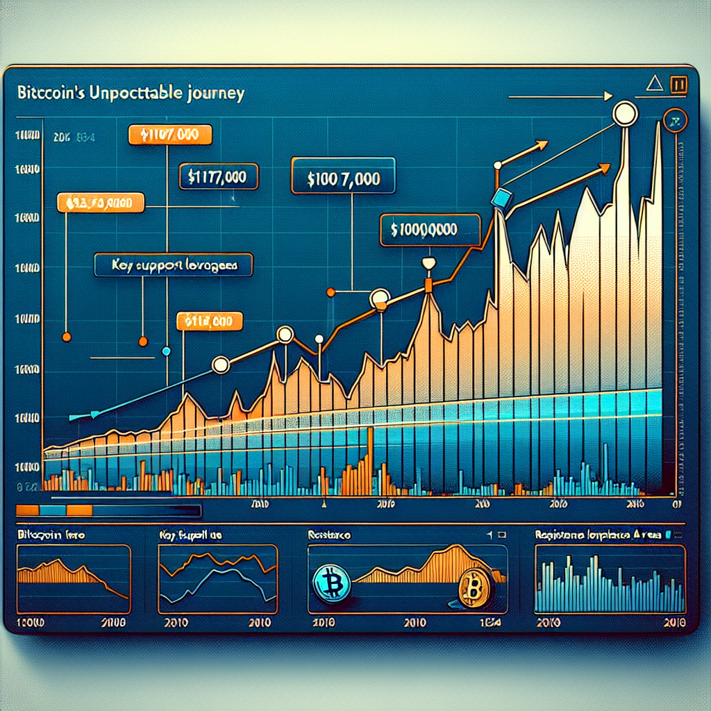 "SEO alt-text: Dramatic Bitcoin graph showing value fluctuations with highlighted benchmarks of 7,000, 0,000, 7,000, and 3,000, under the lit in dark blue heading 'Bitcoin's Unpredictable Journey'. Insights like 'Bull Trap Emerges', 'Key Support Levels', and 'Resistance Areas' presented in brand colors, dark blue, orange, and midnight blue respectively. Reference to influence of Federal Reserve shown via small logos of Bitcoin and Fed Chair Powell in the bottom right corner. The image set against a clean white background for easy understanding. Size of the image stands at 1200x628 pixels."