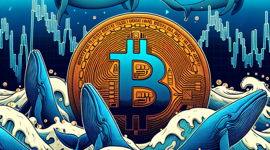 "Bitcoin logo in orange, symbolically sinking, surrounded by illustrations of whale figures emerging on dark blue sea backdrop, with midnight blue line graphs indicating fluctuating cryptocurrency trends."