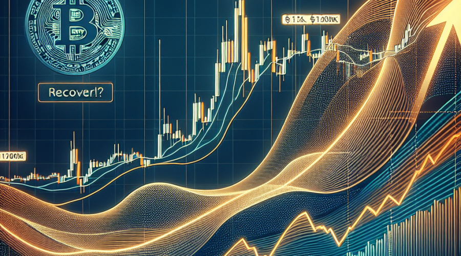 "SEO alt-text: A fluctuating Bitcoin price chart illustrating potential rebound towards 0K, signified by an upward arrow. Also showcases key financial levels like 0K and 5K indicated using midnight blue color. Chart contains elements in bright orange to represent positive growth and dark blue for downturns. Subtly overlays wave patterns symbolizing market volatility. Caption reads 'Bitcoin Price Prediction: Rebound Towards 0K?'".